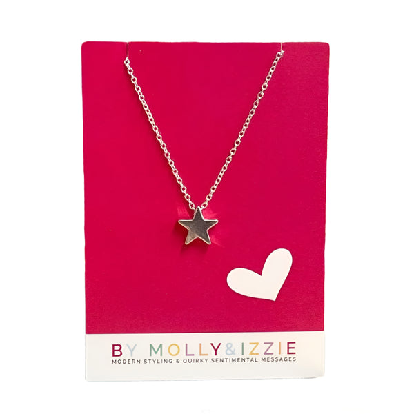 Star necklace on a pink card with 'By Molly & Izzie' branding, colorful background