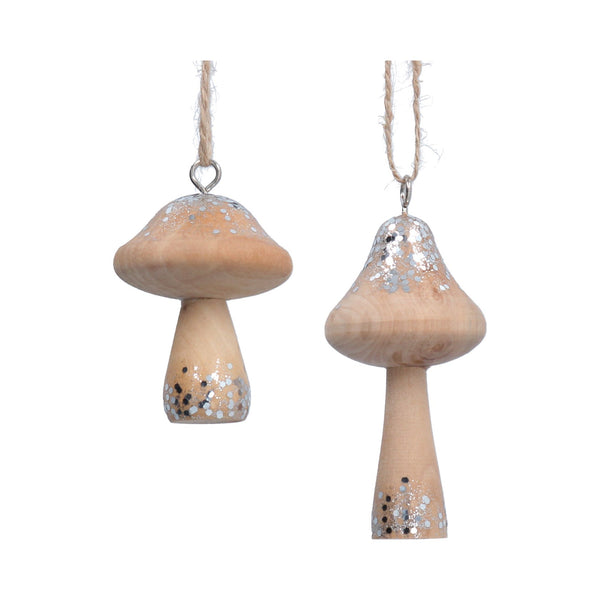 Gisela Graham Wood Decoration - Silver Glitter Toadstools - 2 Designs