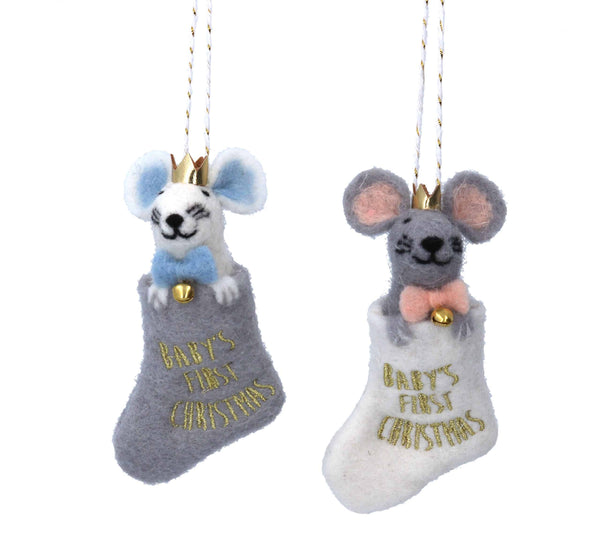 Gisela Graham Wool Decoration - Baby's 1st Christmas Mouse - 2 Designs