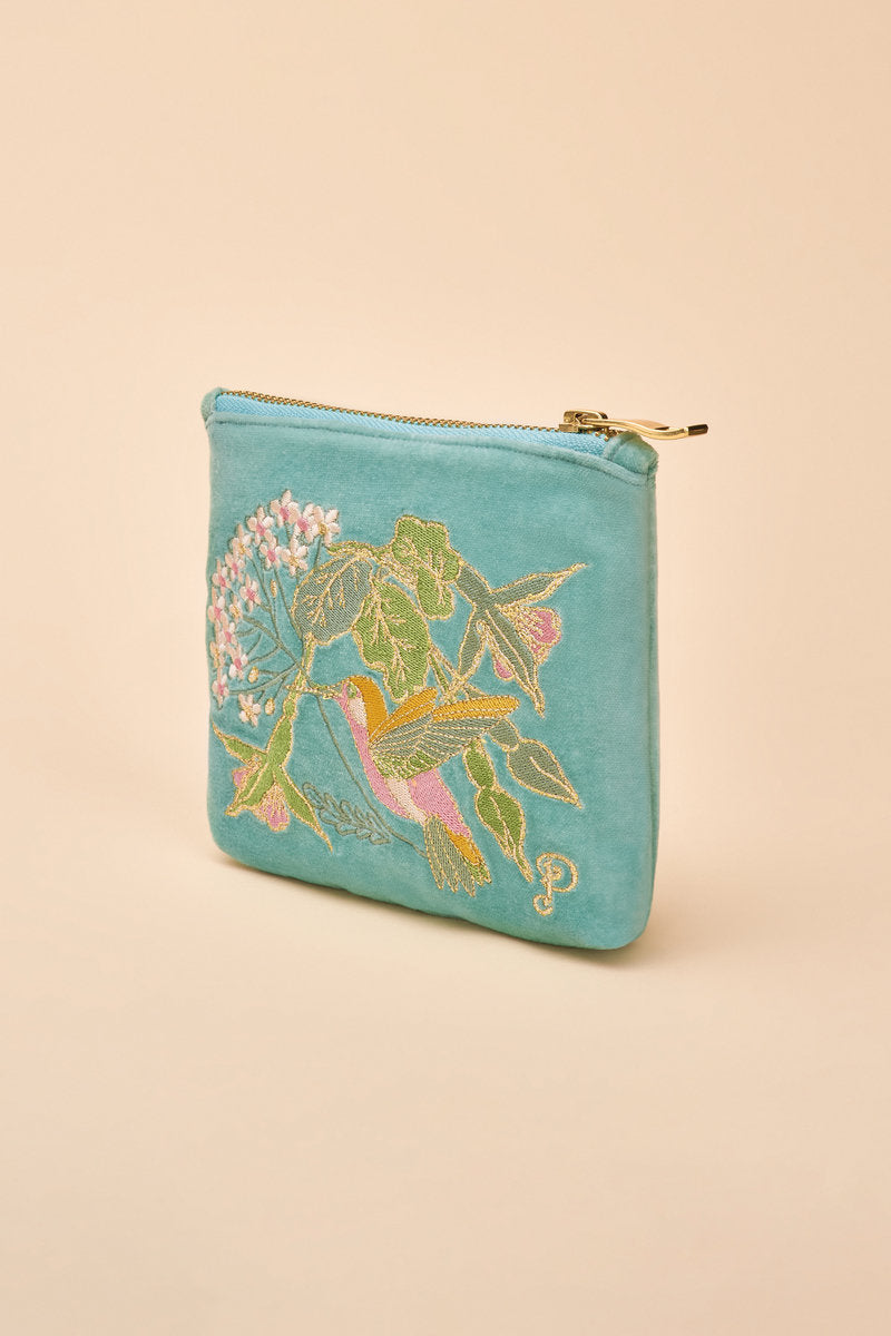 Powder Velvet Embroidered Mini Pouch - Hummingbird, Aqua