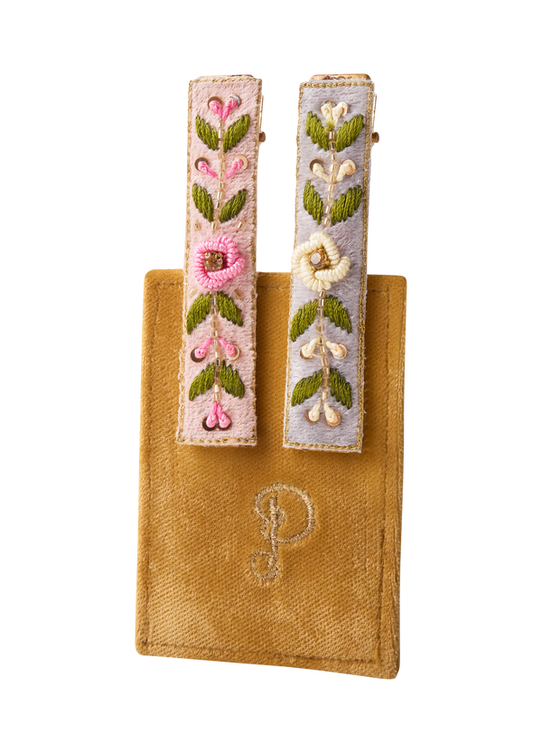 Powder Embroidered Hair Bars - Petal/Powder Blue Floral Vines