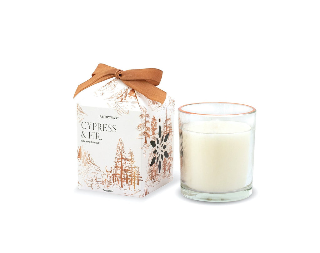 Paddywax Cypress & For - Glass Votive With Copper Rim, Boxed With Pop-Out Ornament
