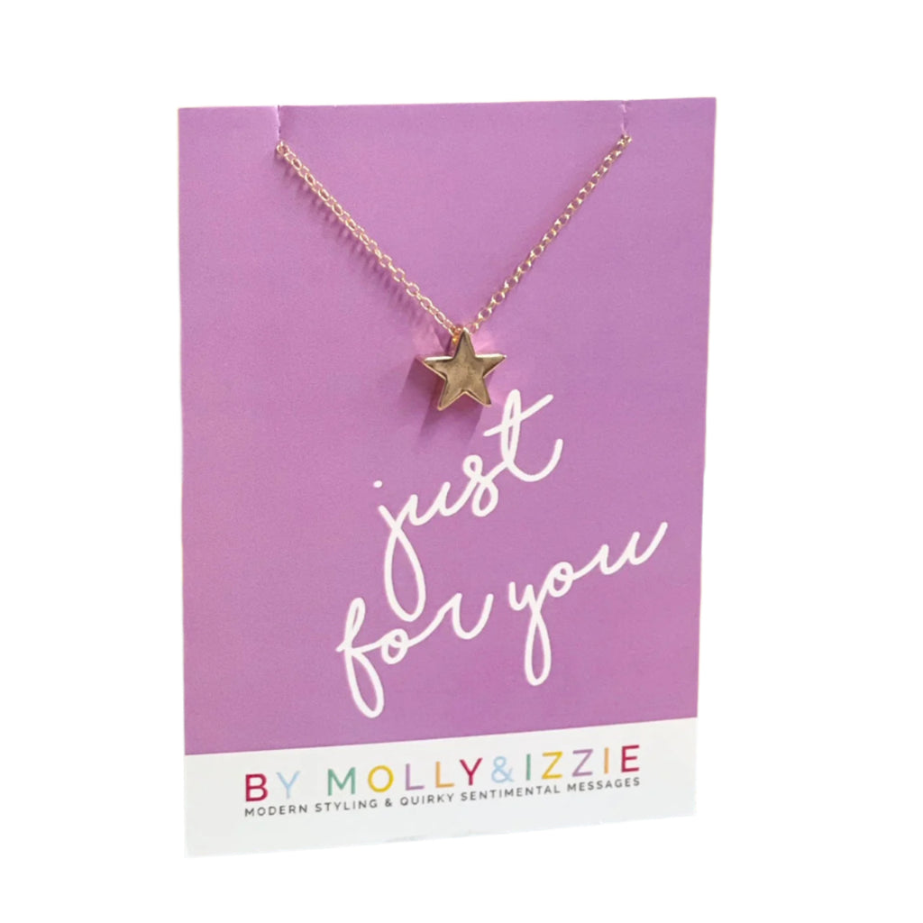 Necklace with a star pendant on a 'just for you' card by Molly & Izzie, with colorful background