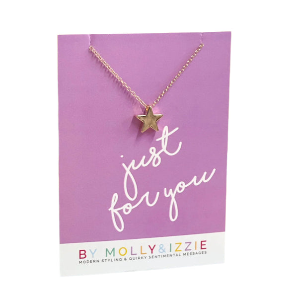 Necklace with a star pendant on a 'just for you' card by Molly & Izzie, with colorful background