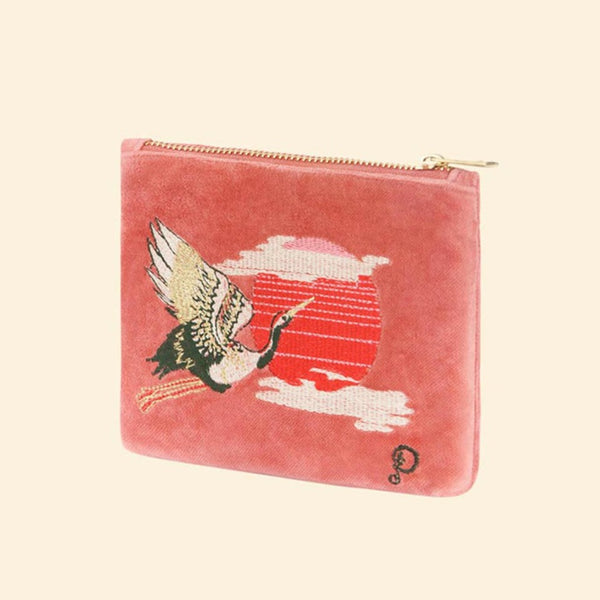 Powder Velvet Mini Pouch - Crane at Sunrise in Petal