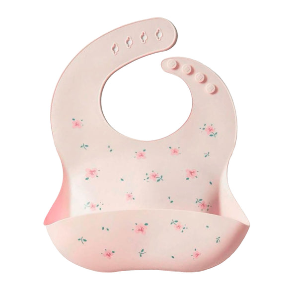 Luxury Baby Pink Silicone Weaning Bib - Flowers