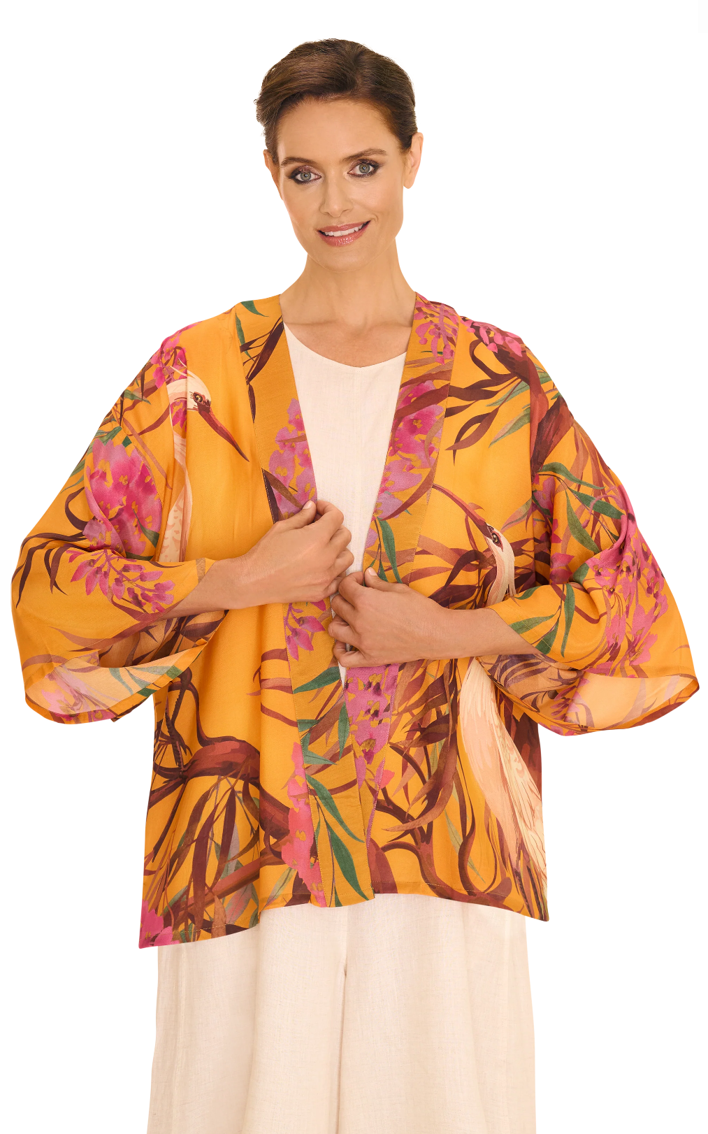 Powder Kimono Jacket - Oriental Crane - Ochre