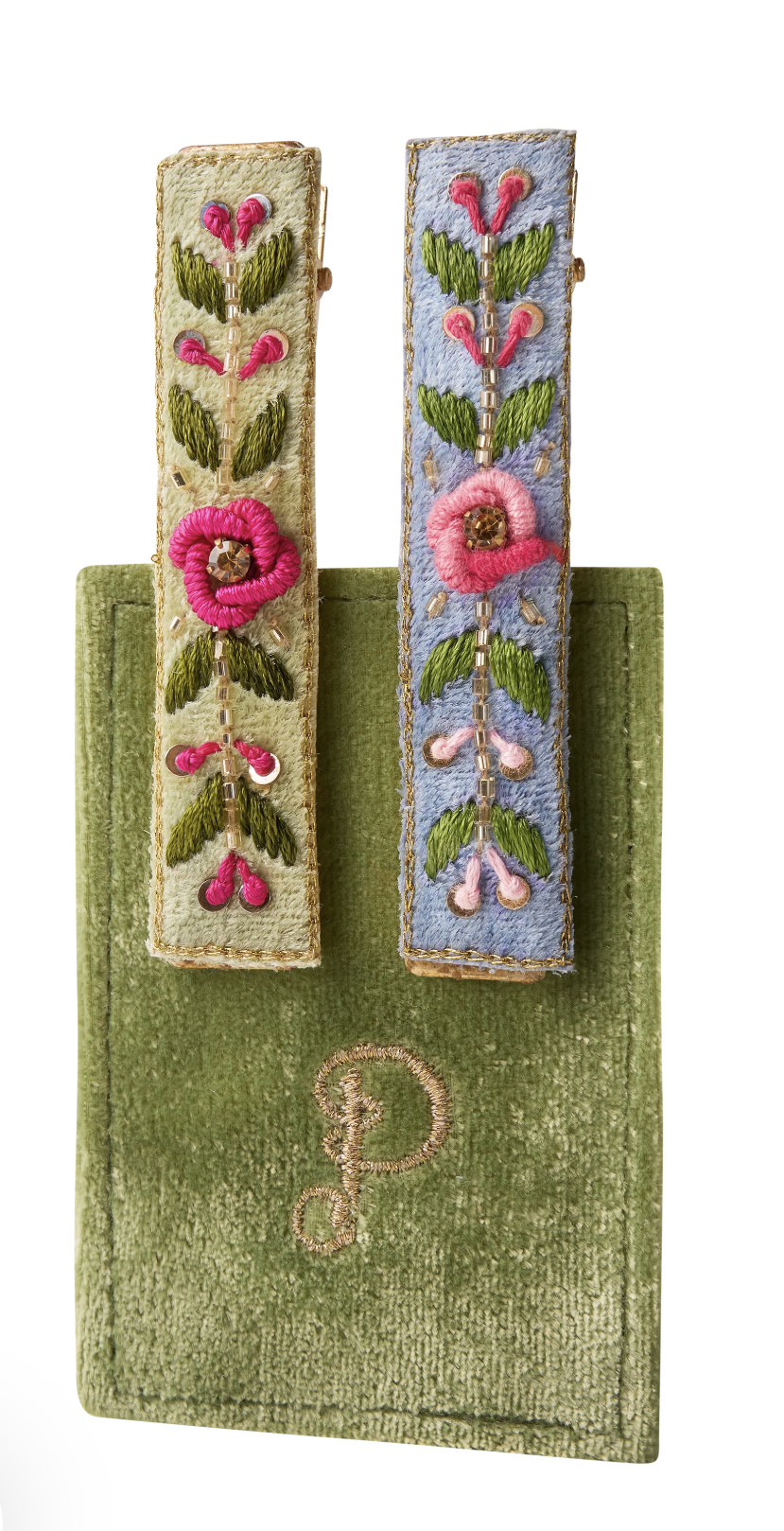 Powder Embroidered Hair Bars -Mint/Cornflower Floral Vines