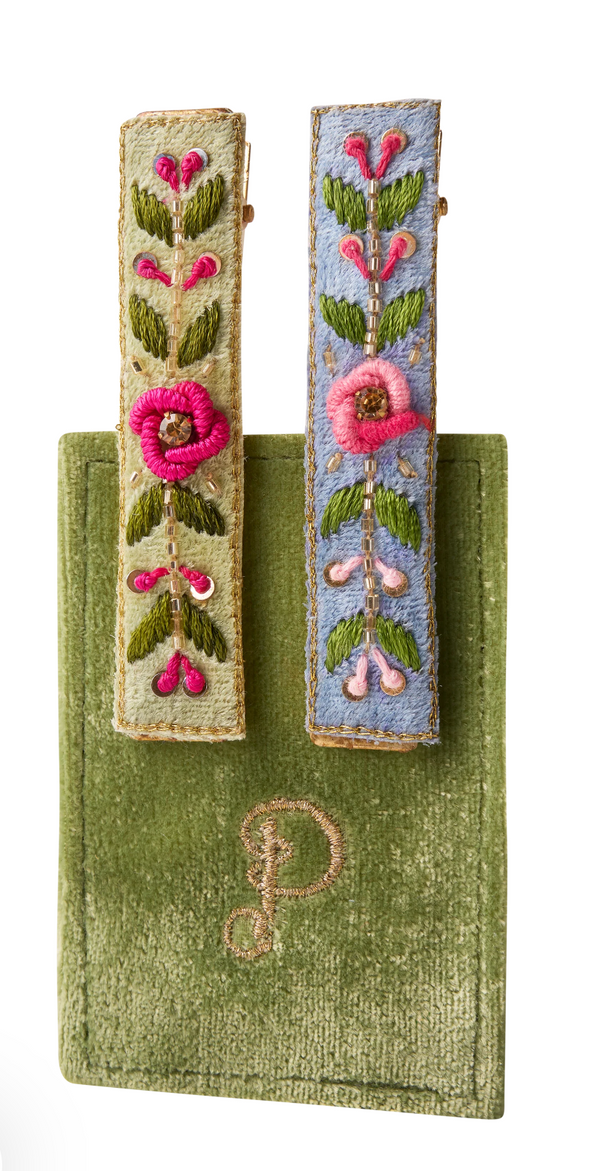 Powder Embroidered Hair Bars -Mint/Cornflower Floral Vines