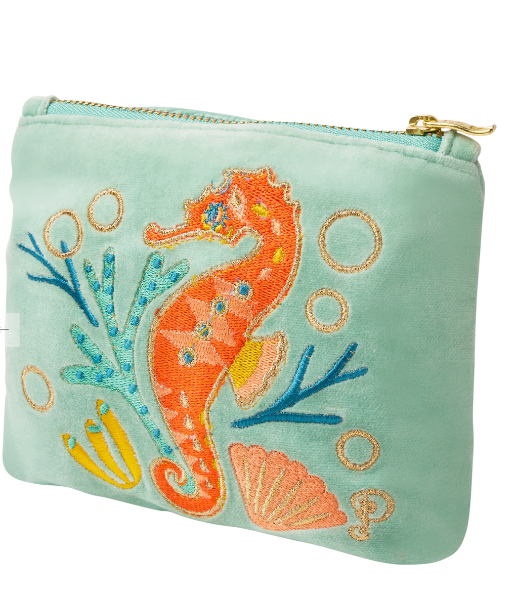 Powder Velvet Mini Pouch - Sparkling Seahorse - Aqua