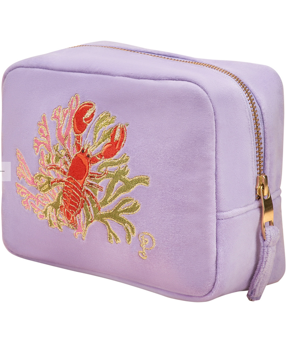 Powder Velvet Embroidered Make Up Bag - Lobster