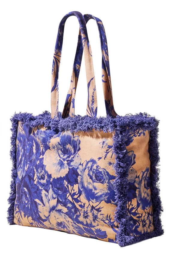 Powder Fringed Box Tote - China Blue Blooms