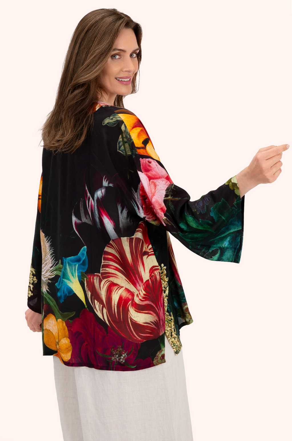 Powder Mid-Length Kimono - Opulant florals, Chocolate