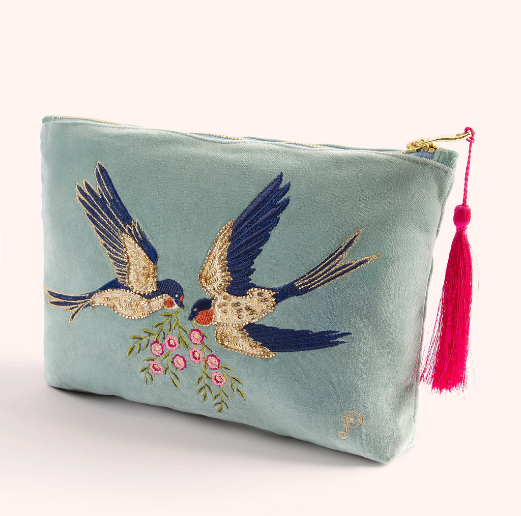 Powder Velvet Zip Pouch - Swooping Swallows
