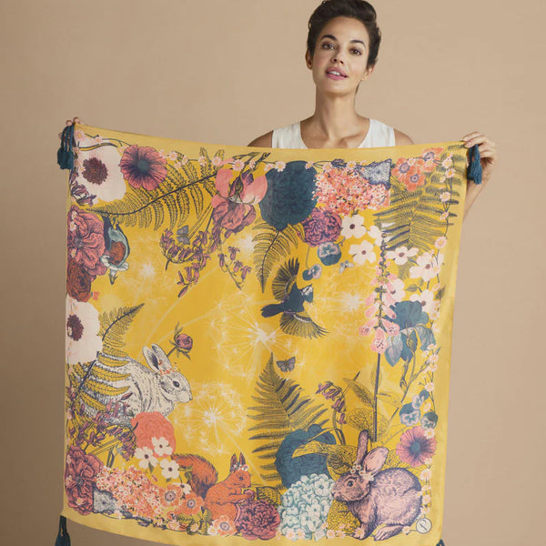 Powder Tasselled 100% Silk Summer Woodland in Mustard Scarf