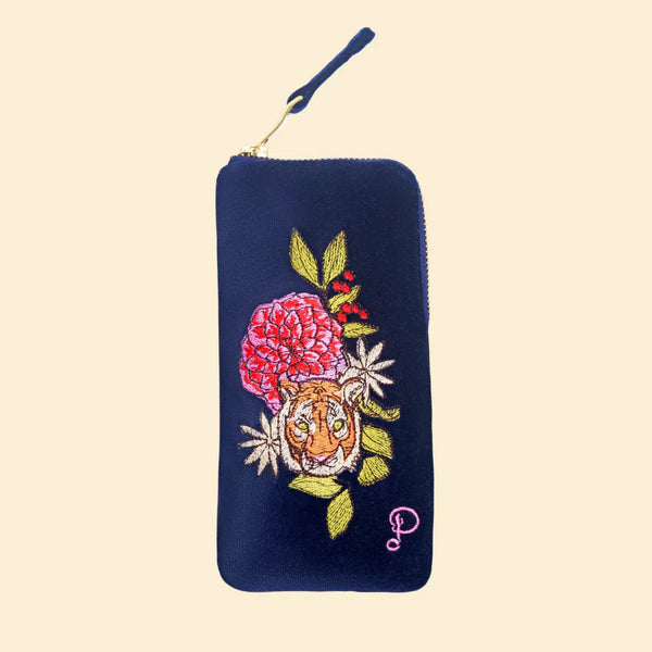 Powder Velvet Glasses Pouch - Floral Tiger Face in Indigo