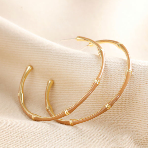 Lisa Angel Brown Enamel Bamboo Style Hoop Earrings in Gold