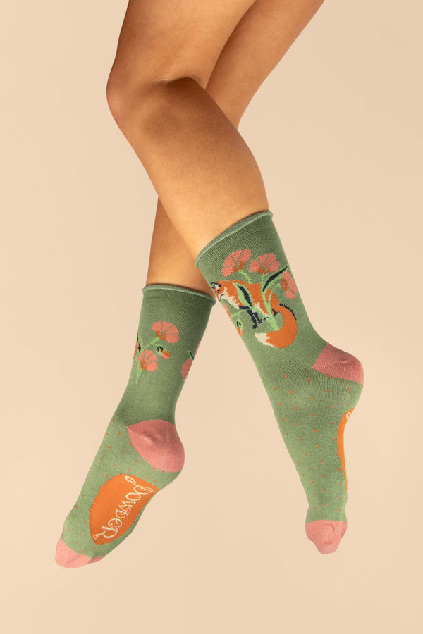 Powder Fox in a Meadow Ankle Socks - Sage