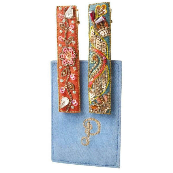 Powder Embroidered Hair Bars -Tangerine Floral Vines/Teal Festival Orange