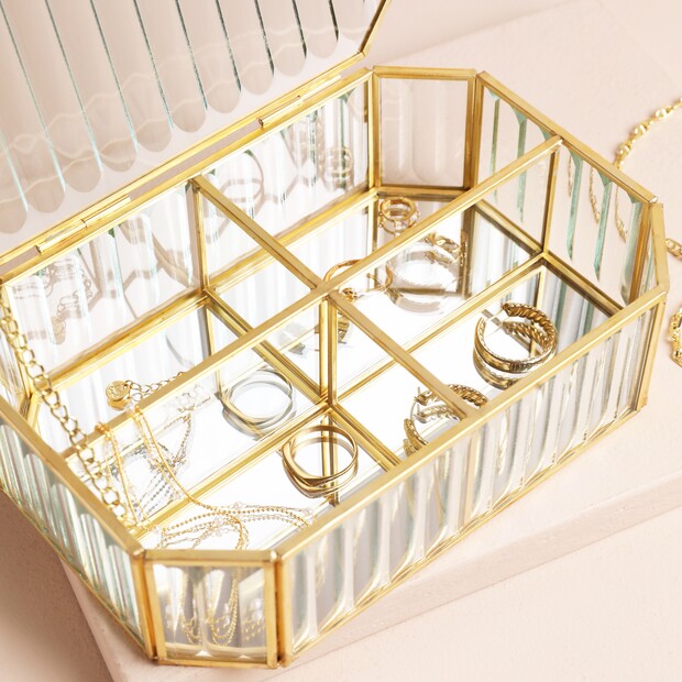 Lisa Angel Large Ribbed Glass Jewellery Box in Gold