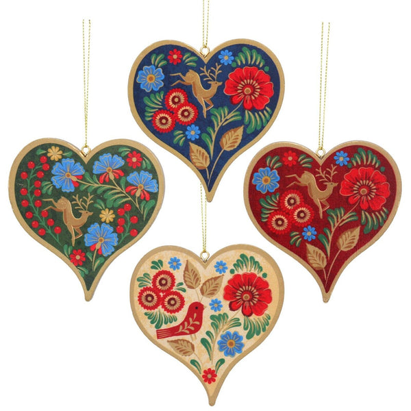 Gisela Graham Folk Art Wood Heart Dec - 4 Designs