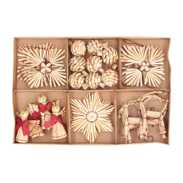 Gisela Graham Box of 26 Straw Decorations 25cm - Natural With Ribbon