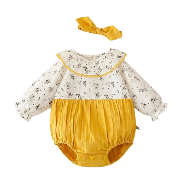 Baby Girl Mustard Floral Print Bodysuit With Headband