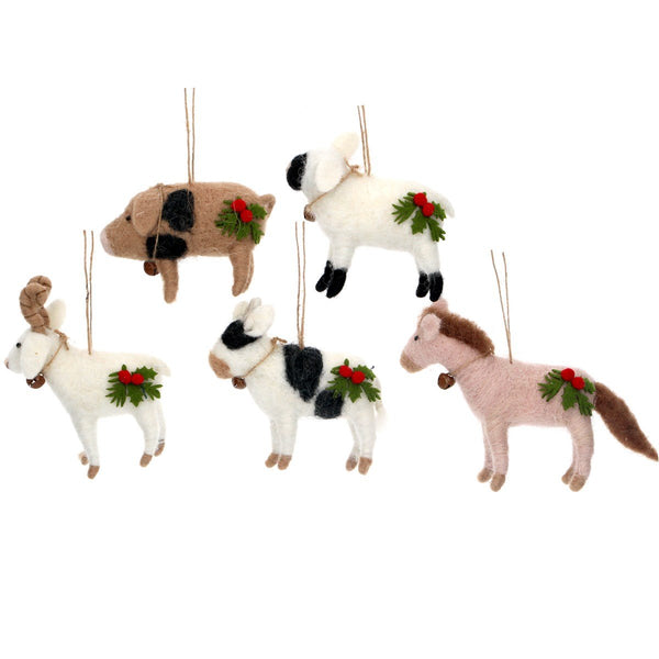 Gisela Graham Wool Mix Decorations - Farmyard Animals With Holly