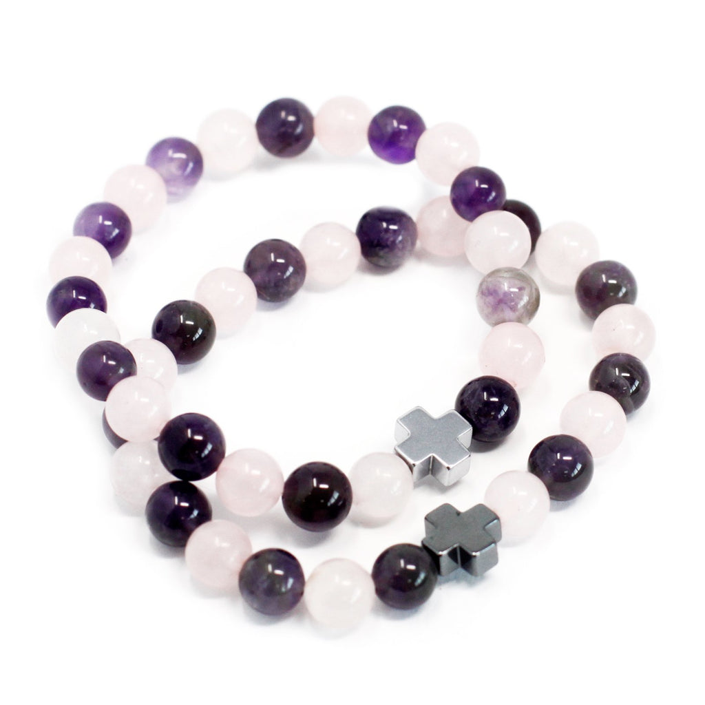 Ancient Wisdom Set of 2 Gemstones Friendship Bracelets - Love - Amethyst & Rose Quartz