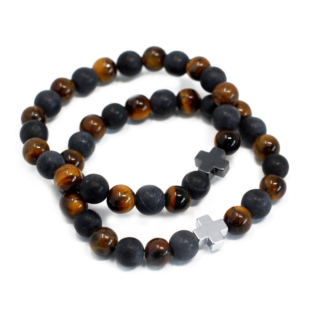 Ancient Wisdom Set of 2 Gemstones Friendship Bracelets - Power - Tiger Eye & Black Stone