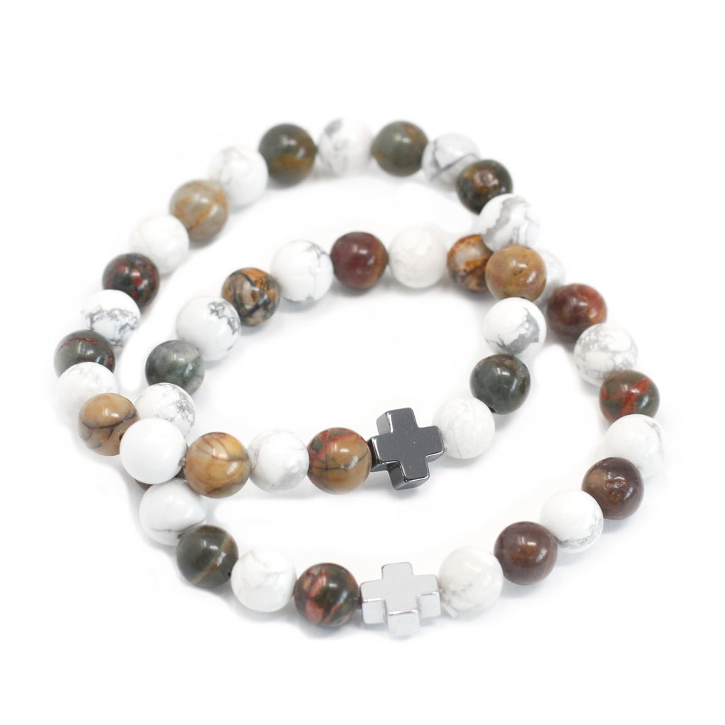 Ancient Wisdom Set of 2 Gemstones Friendship Bracelets - Peace - Picasso Jasper & White Howlite