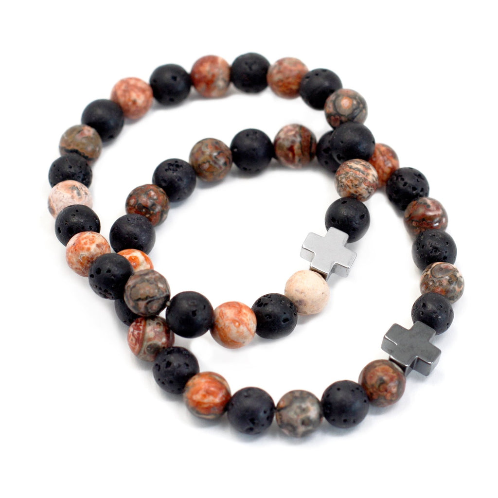 Ancient Wisdom Set of 2 Gemstones Friendship Bracelets - Eternity - Leopard Jasper & Lava Stone