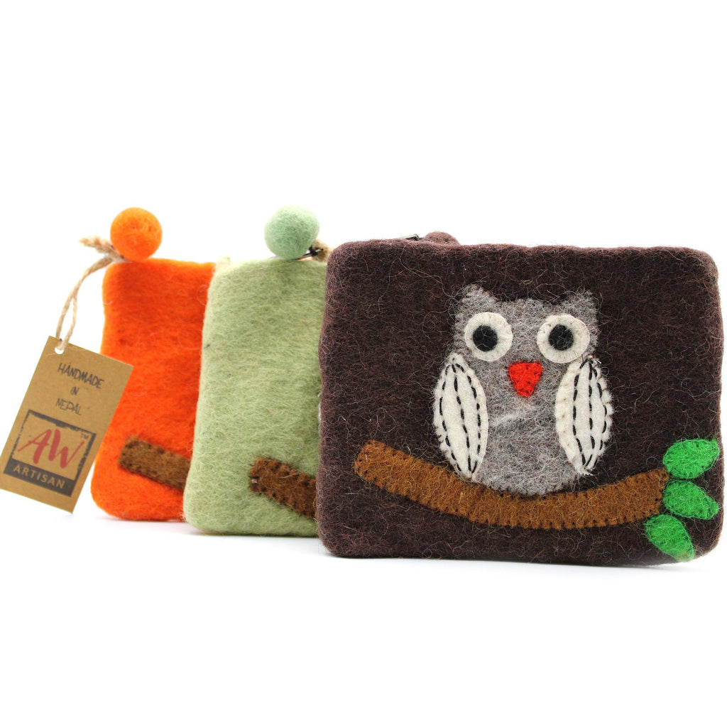 Ancient Wisdom Natural Felt Zipper Pouch - Owl on Branch