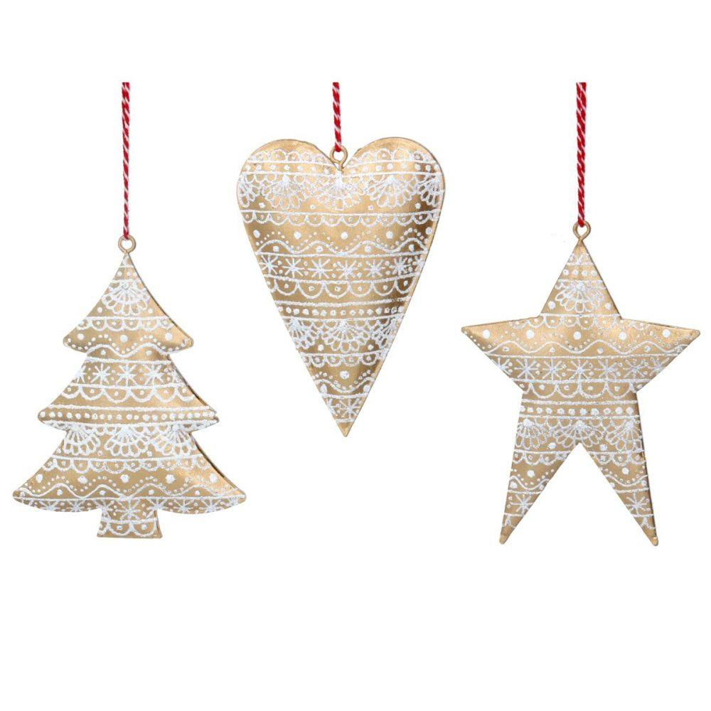 Gisela Graham Gold Tin 'Lace' Tree/Star/Heart Metal Decoration