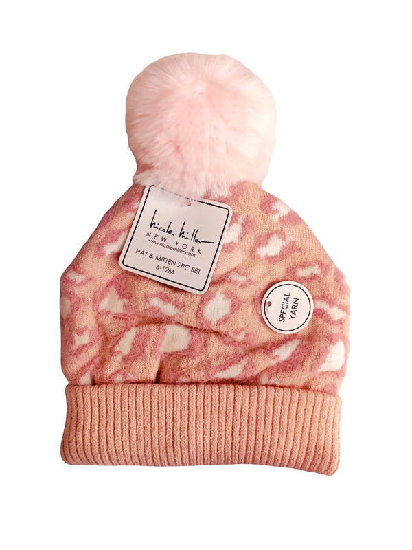 Nicole Miller Hat & Mitten Set - Pink Leopard Print
