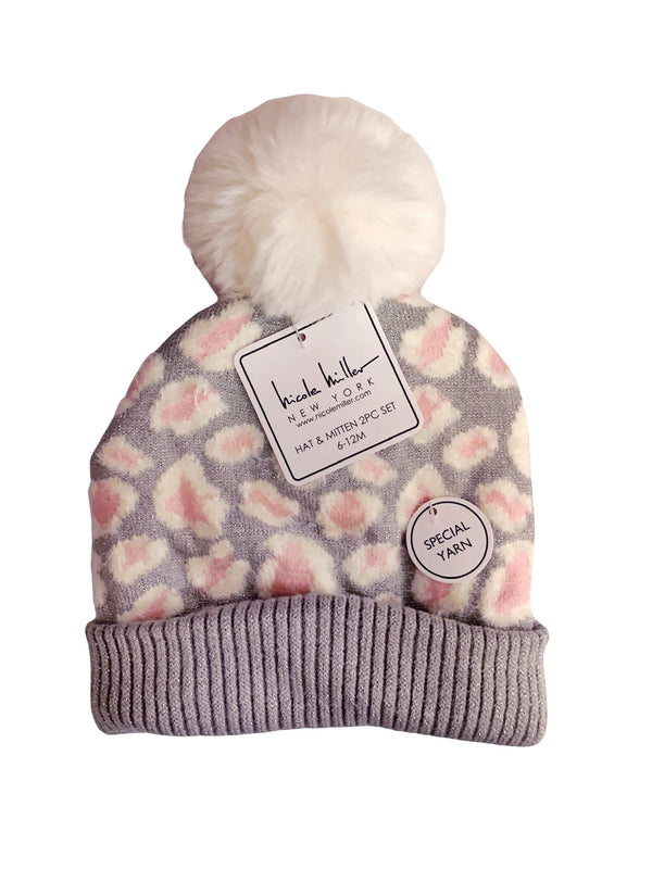 Nicole Miller Hat & Mitten Set - Grey Leopard Print