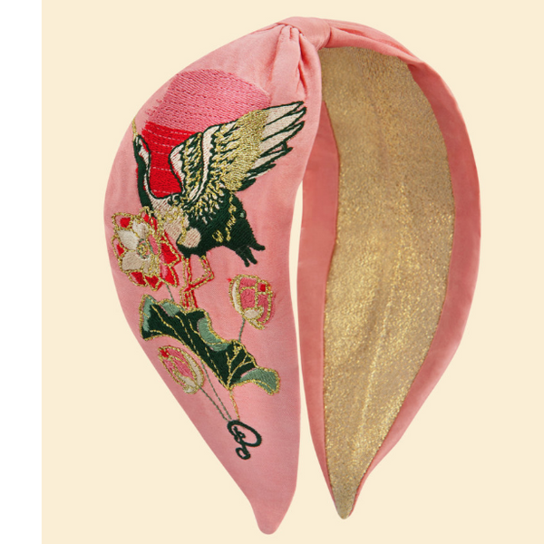 Powder Satin Embroidered Headband - Crane at Sunrise in Petal