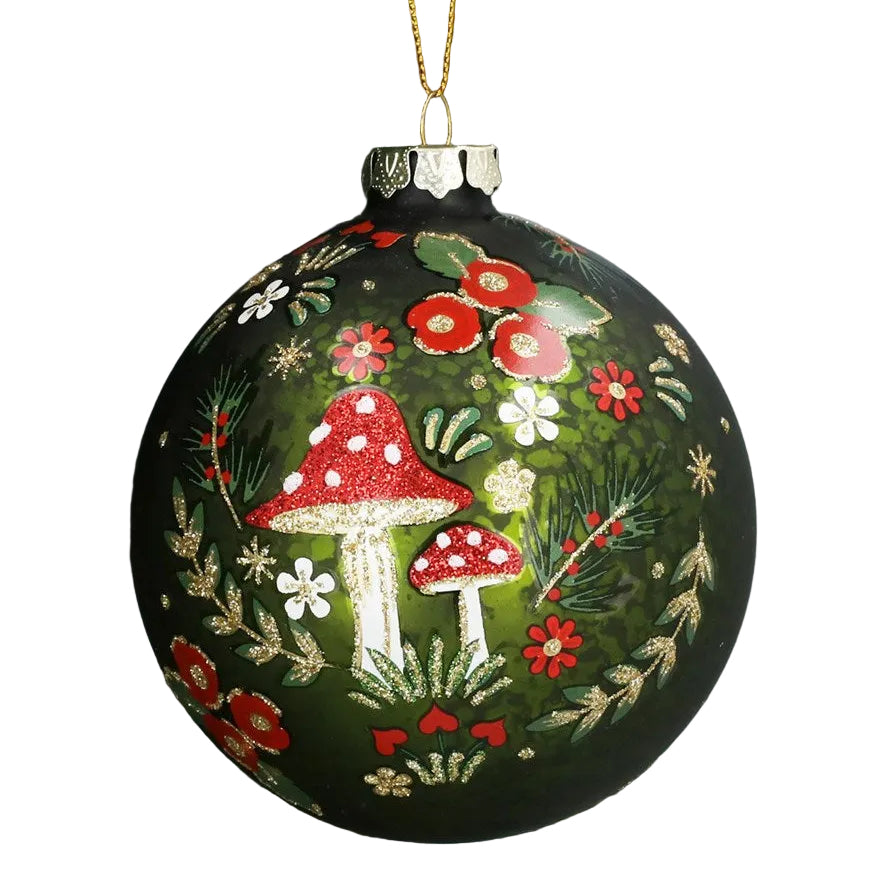 Gisela Graham Antique Apple Green with Glittered Mushrooms Glass Bauble