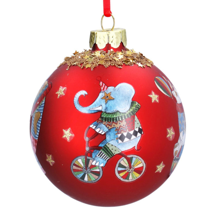 Gisela Graham Matte Red with Circus Animals Glass Bauble