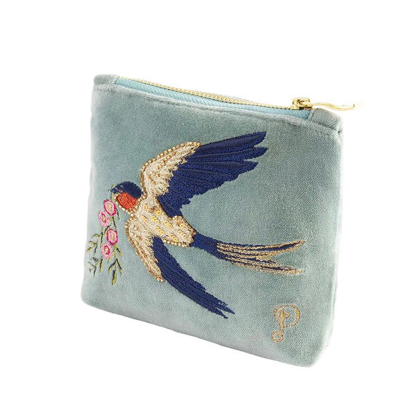 Powder Embroidered Velvet Mini Pouch - Swooping Swallows