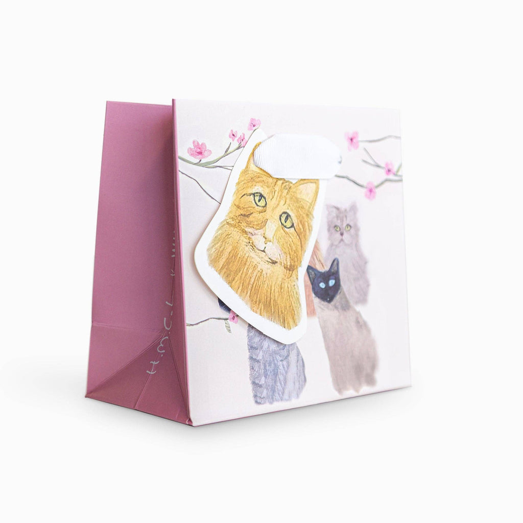 A square white gift box or package with a pink side panel, decorated with an illustration of three cats and pink blossoms. A die-cut sticker of an orange tabby cat is placed on top of the front.
