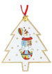 A Christmas tree-shaped ornament with a white center, gold glitter border, and a hanging red ribbon with a small gold bell. The ornament features an illustration of a cat wearing a colorful knit sweater and hat while balancing a striped ball.