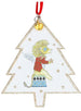 A Christmas tree-shaped hanging ornament with a white background, glittery gold border, and a whimsical illustration of a lion wearing a red patterned sweater and blue pants, holding a star. A red hanging ribbon and small gold bell are attached at the top.