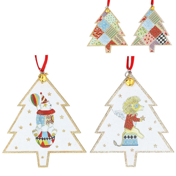 Set of three Christmas tree-shaped ornaments with cartoon characters on a white background