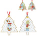 Set of three Christmas tree-shaped ornaments with cartoon characters on a white background