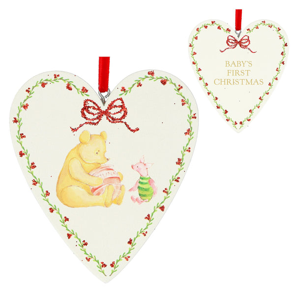 Gisela Graham Assorted Wood Heart Decoration - Winnie the Pooh 'Baby's First Christmas'