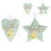 Four decorative hanging ornaments shaped like a heart, a star, and two small heart/star forms, featuring a pastel illustration of Winnie the Pooh under a flowering tree on a pale mint background.