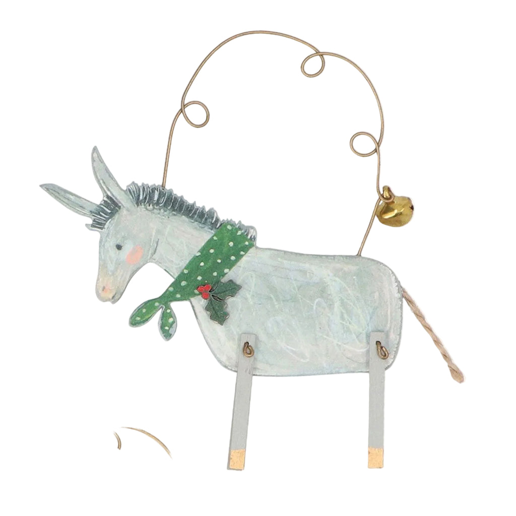Hand-painted wooden donkey Christmas ornament with a green polka-dot scarf, gold wire hanger, and small gold bell, shown on a white background.