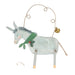 Hand-painted wooden donkey Christmas ornament with a green polka-dot scarf, gold wire hanger, and small gold bell, shown on a white background.