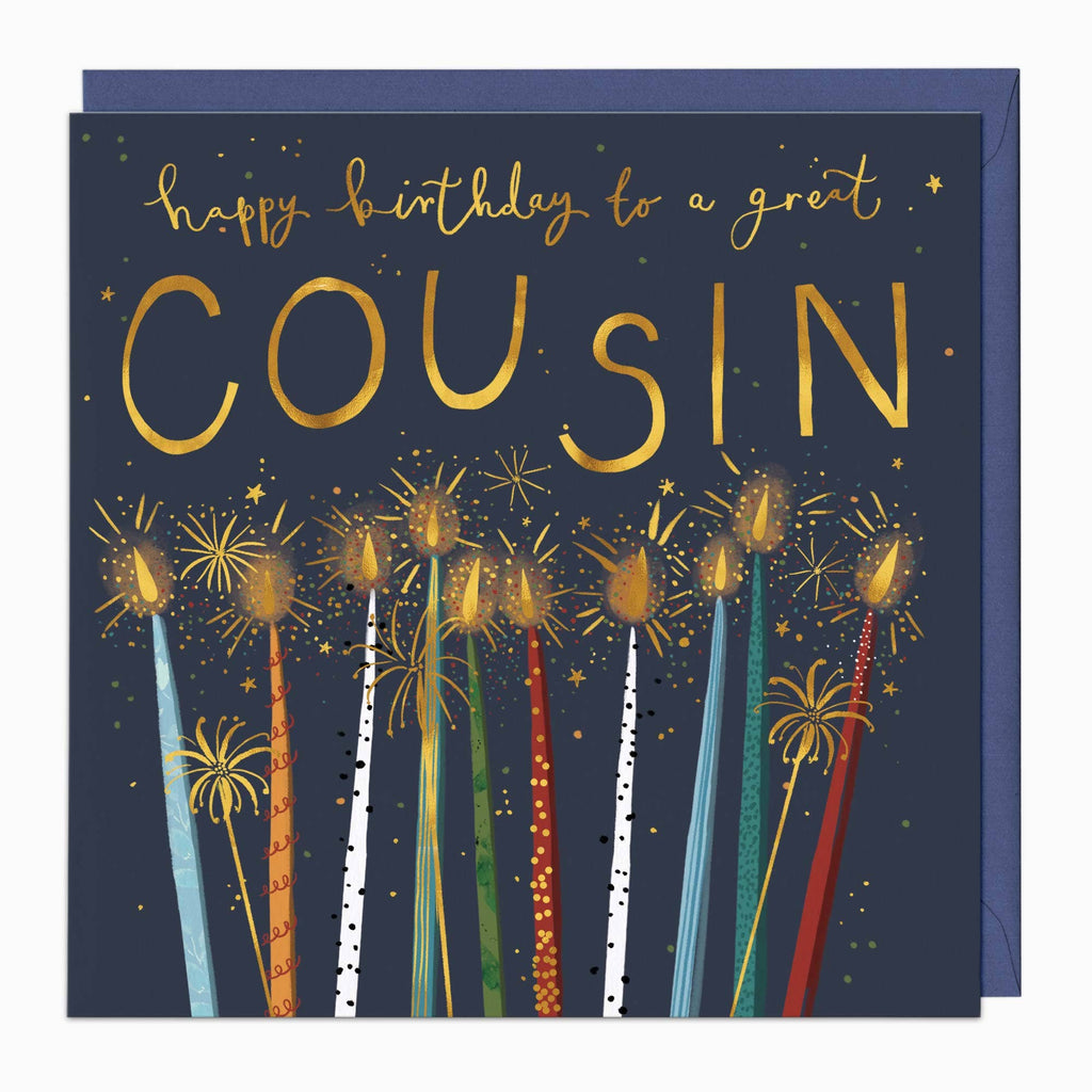 Greeting card with 'Happy Birthday to a great Cousin' text and colorful sparklers on a dark blue background.
